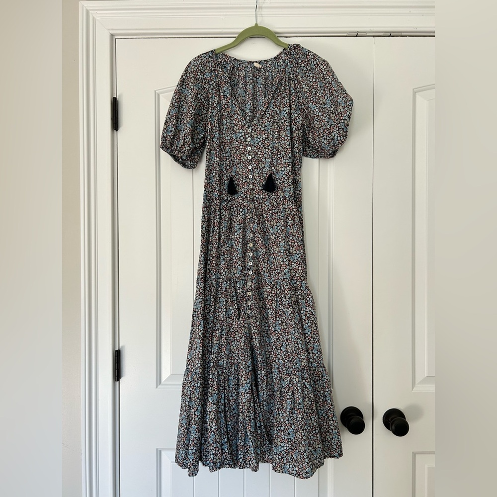 Spell Poppy Smock Floral Navy Cotton Dress Button Mother of Pearl Small - Picture 3 of 8